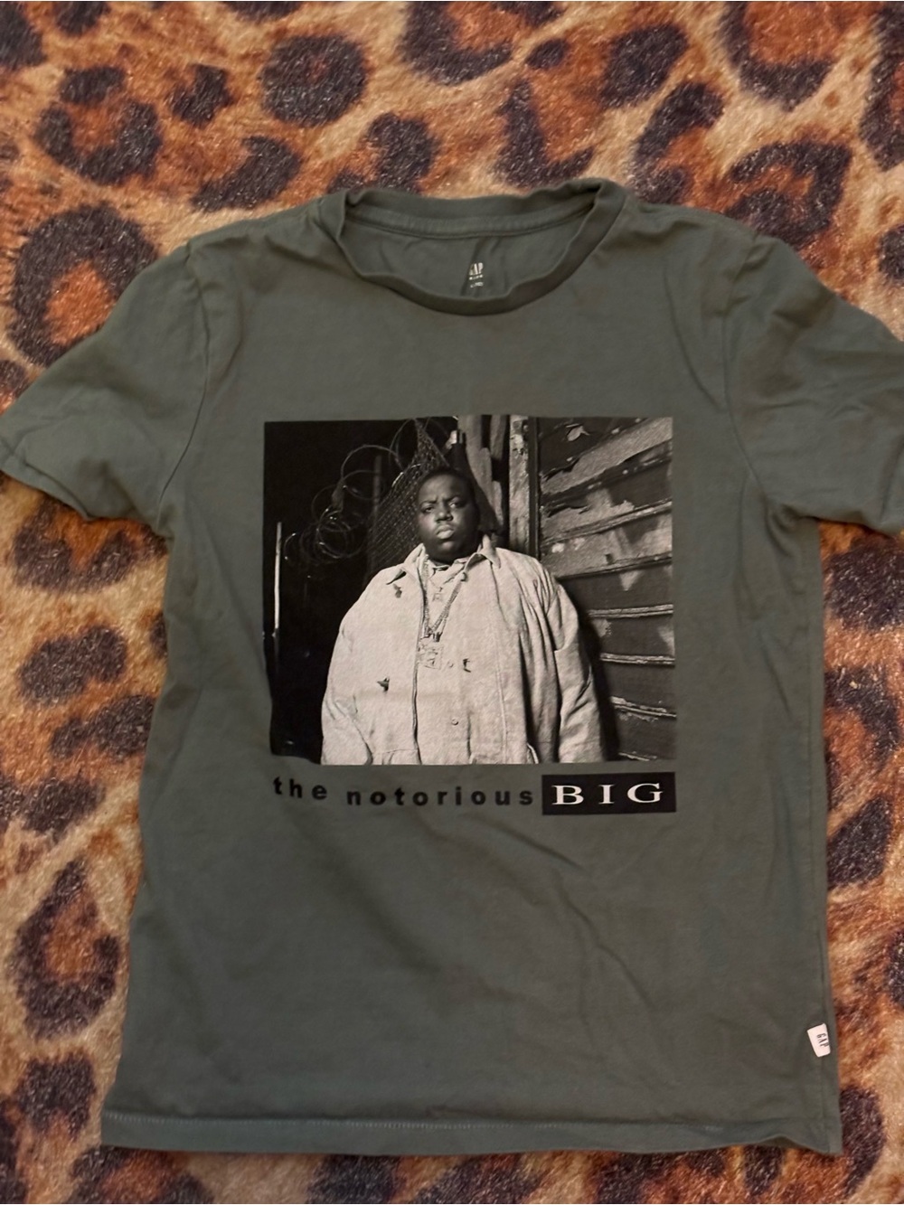 GAP Olive Green Short Sleeve Tee with Black-and-White Notorious B.I.G. Photo